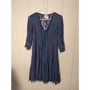 Rebecca Taylor Women's 3/4 Sleeve V-Neck Lace Silk Sheer A-Line Mini Dress Size